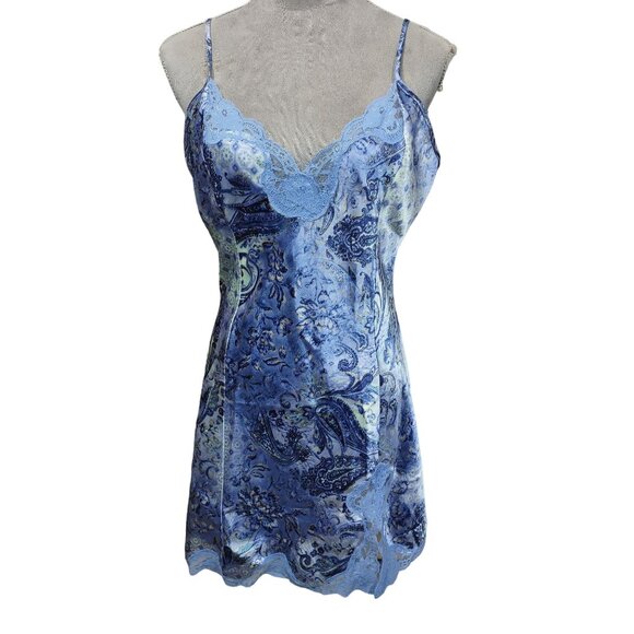 Y2K Slip Dress Blue Paisley Floral Satin Lace Spaghetti Strap Nightgown Medium - Picture 8 of 8